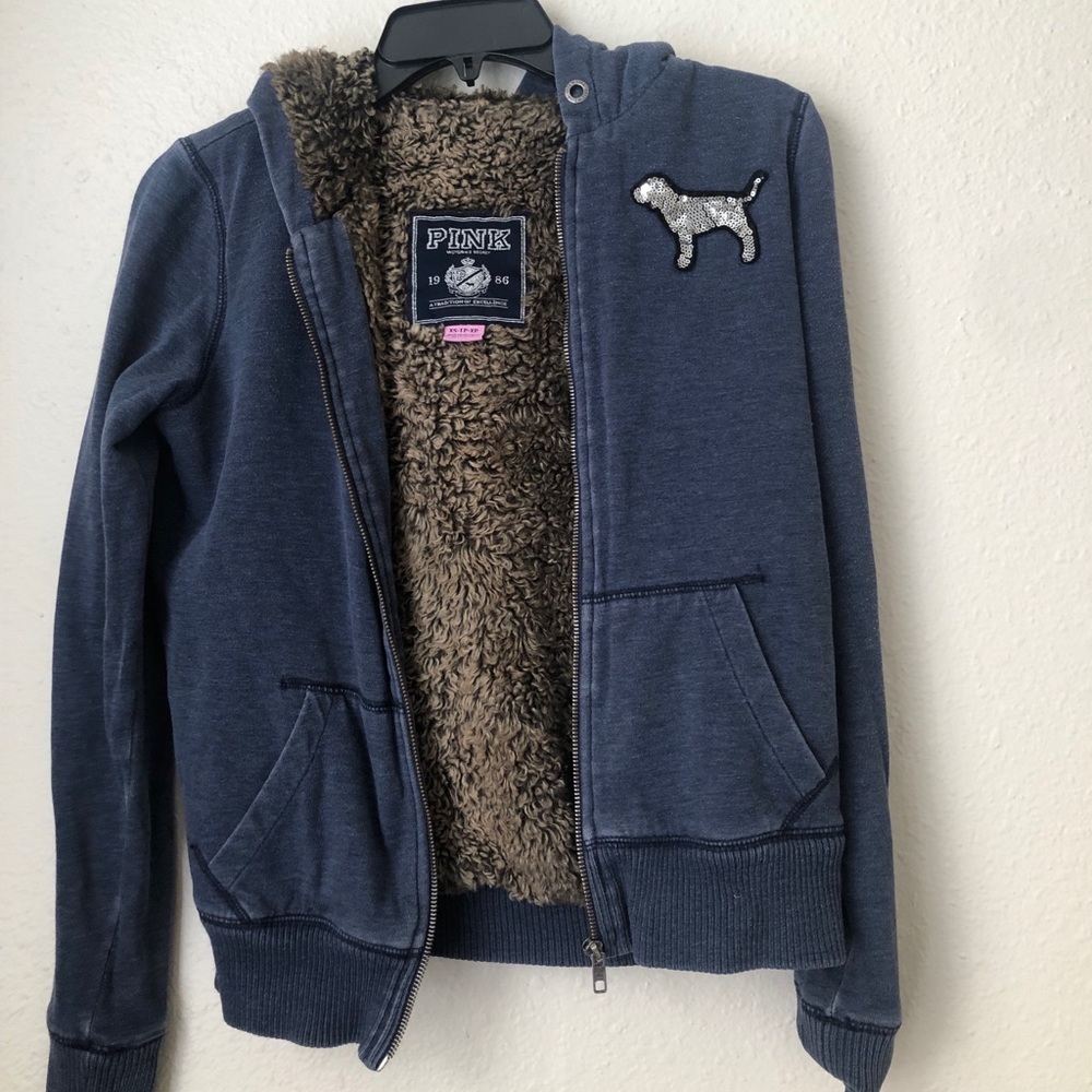 V.S Love Pink 86 Sequin Hoodie Jacket Faux Fur XS